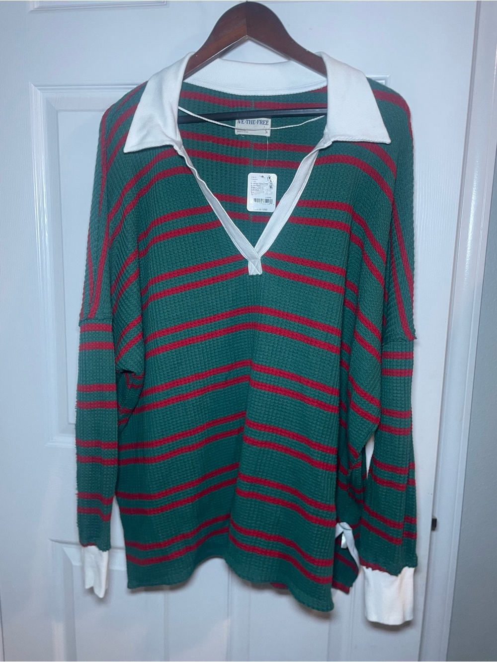 Free People We The Free Green Red Stripe Collared Top NWT Size S